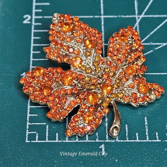 Maple Tree Leaf Brooch Orange Rhinestones Gold-Tone Autumn Pin Fall Warm Nature - Picture 6 of 12